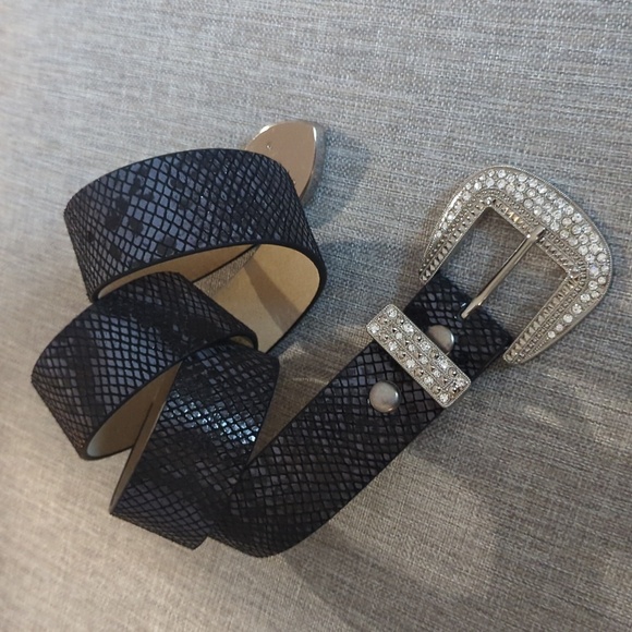 Rhinestone Buckle Snakeskin Print Genuine Leather Belt L/XL 40" Black - Picture 13 of 14